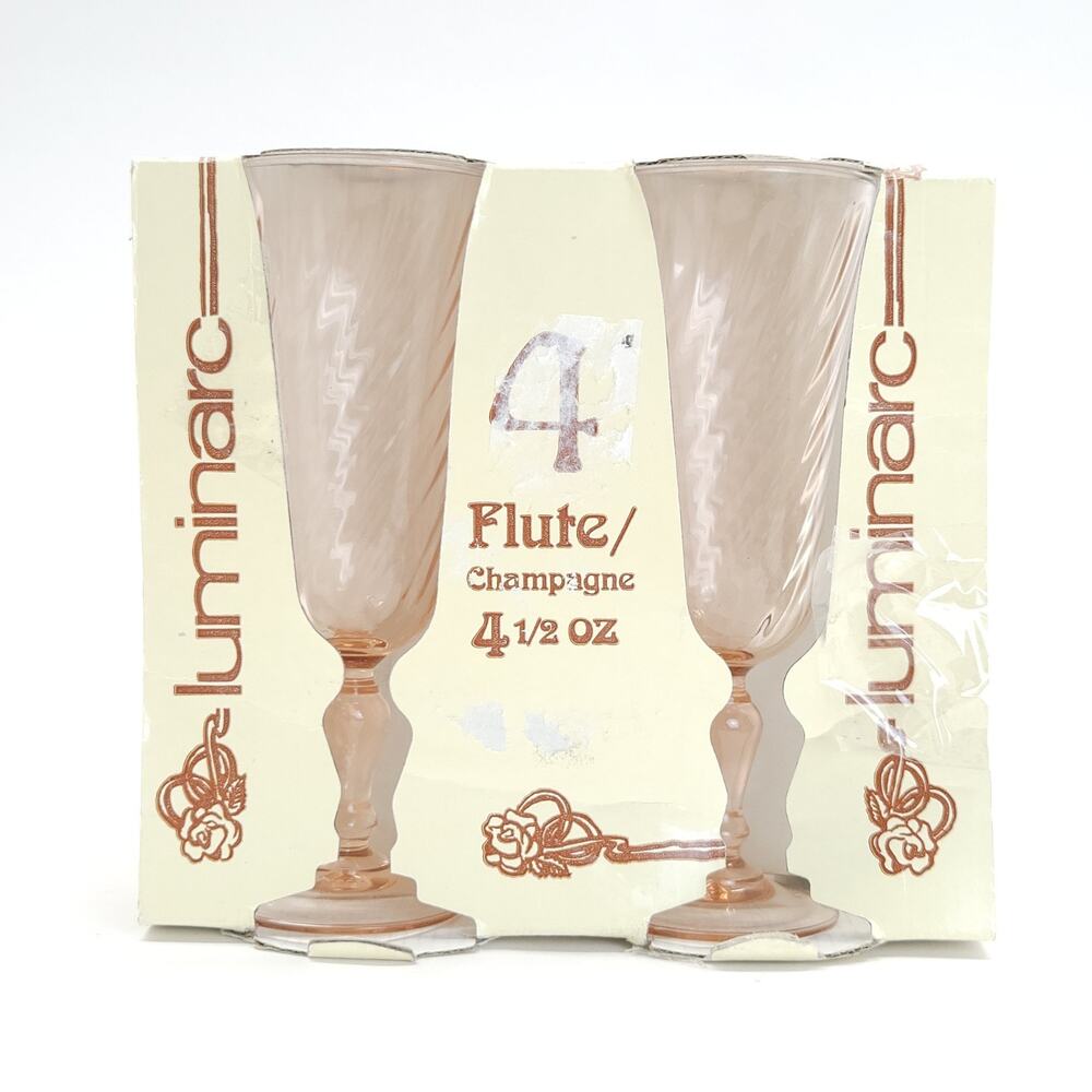 Vtg Luminarc Flute Champagne Glass Pink Rosaline Stemware 60s Cottage Shabby 4pc